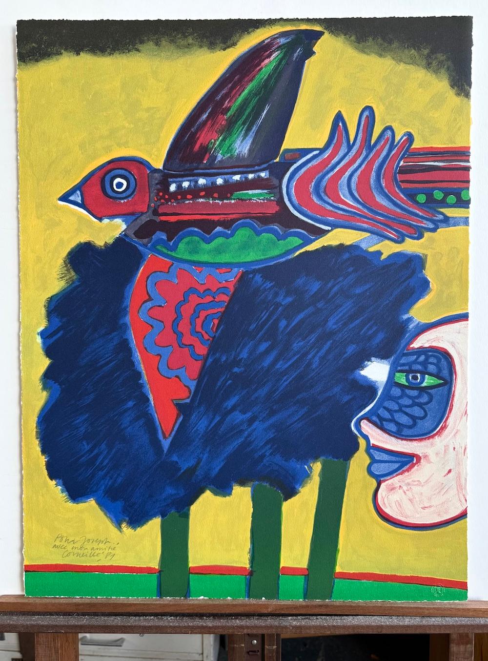 L' Arbre à L'Oiseau Litografia firmata, Uccello astratto, alberi blu, volto a maschera in vendita 3