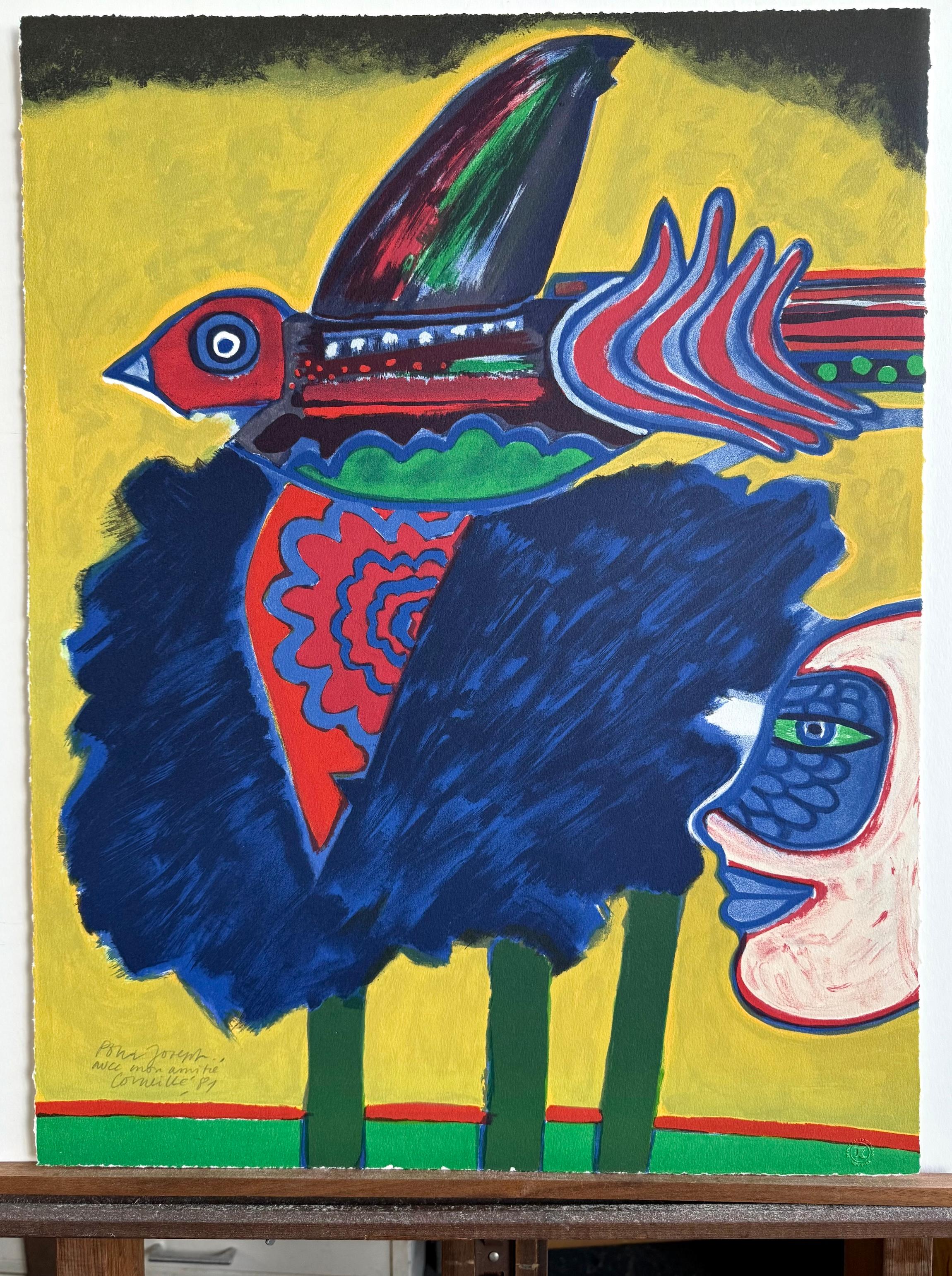 L' Arbre à L'Oiseau is an original hand drawn limited edition lithograph by the Dutch artist known as CORNEILLE(Guillaume van Beverloo) an abstract expressionist who co-founded the 20th Century experimental art movement CoBrA recognized for their