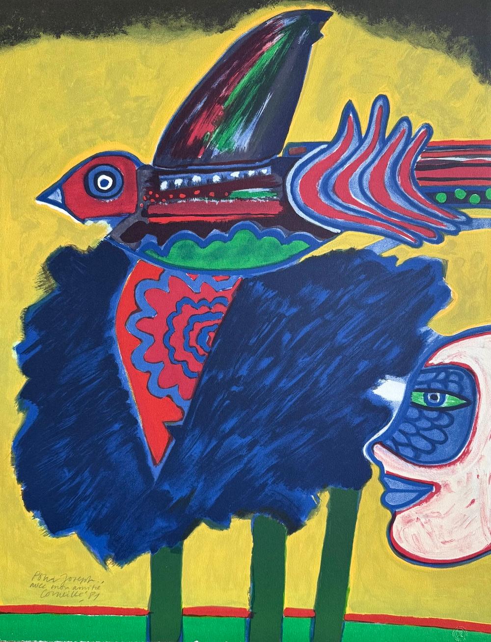L' Arbre à L'Oiseau Litografía firmada, Pájaro abstracto, Árboles azules, Cara de máscara
