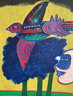 L' Arbre à L'Oiseau Litografía firmada, Pájaro abstracto, Árboles azules, Cara de máscara