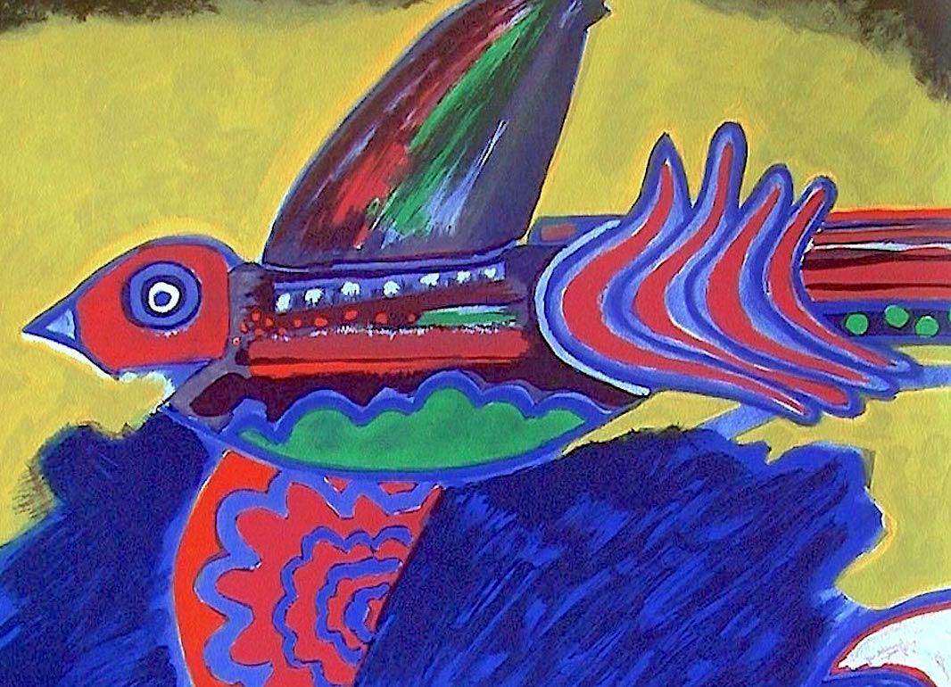 L' Arbre à L'Oiseau Lithographie signée, Abstrait Oiseau Exotique Arbres Bleus Masque Visage - Print de Corneille