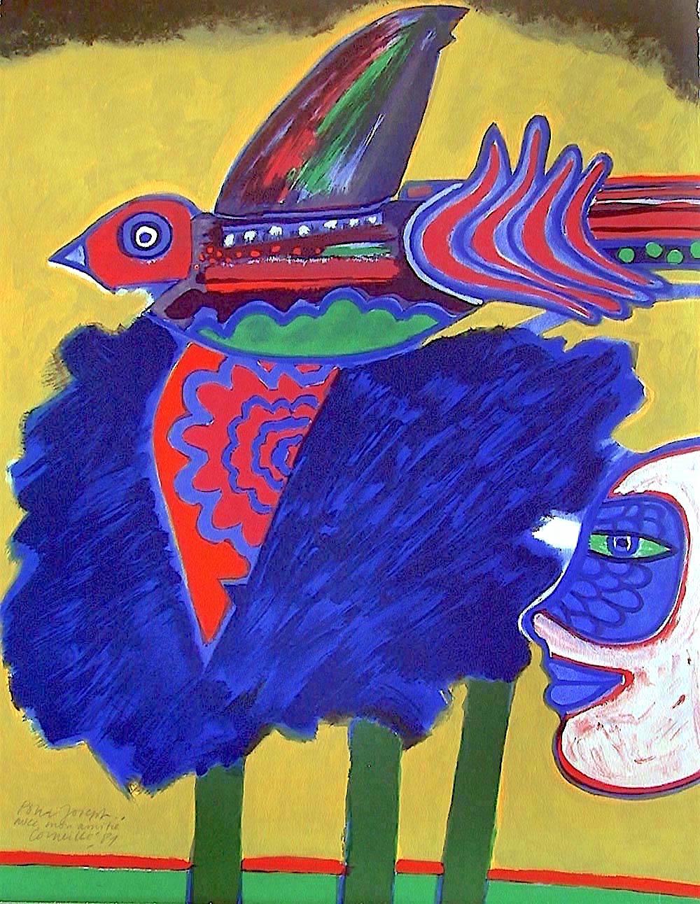 Figurative Print Corneille - L' Arbre à L'Oiseau Lithographie signée, Abstrait Oiseau Exotique Arbres Bleus Masque Visage