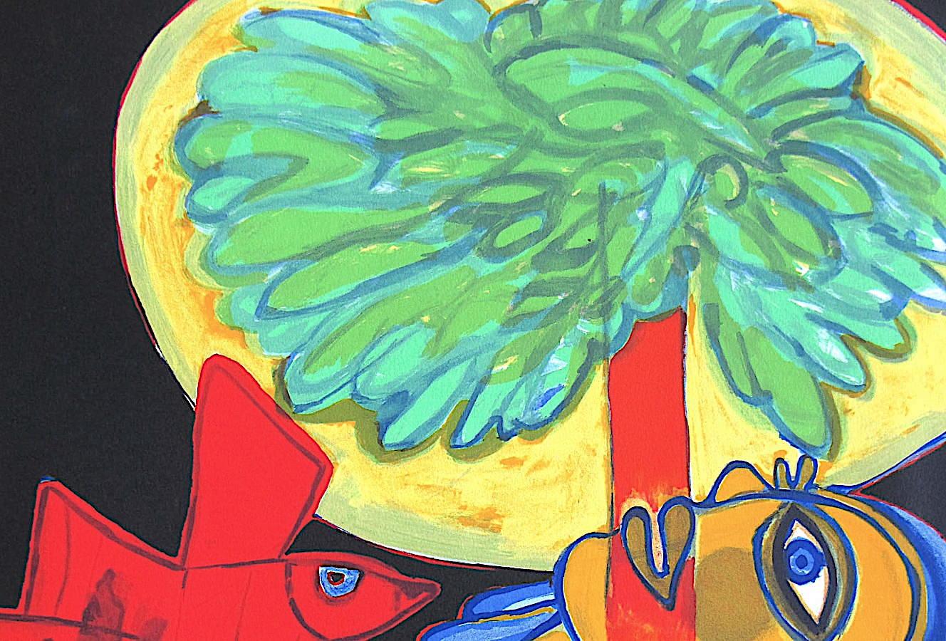 Lithographie signée « L'' ARBRE EXTATIQUE, nu jaune, cheveux bleus, oiseau rouge, arbre - Print de Corneille