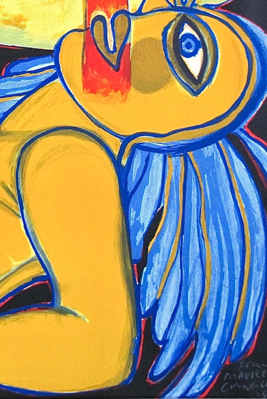 Lithographie signée « L'' ARBRE EXTATIQUE, nu jaune, cheveux bleus, oiseau rouge, arbre - Expressionniste Print par Corneille