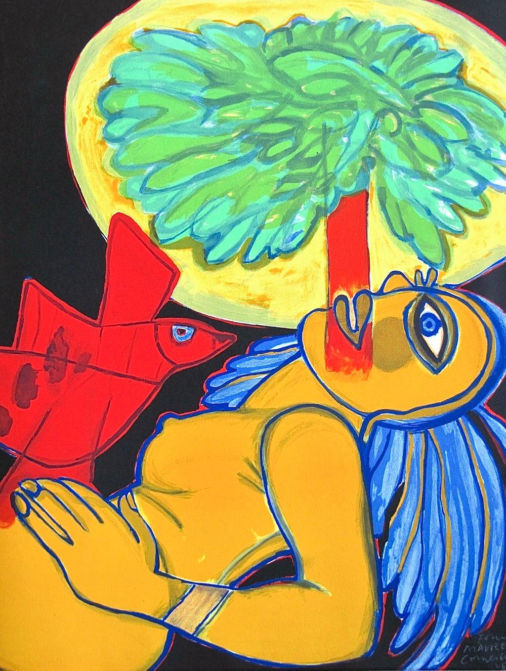 Lithographie signée « L'' ARBRE EXTATIQUE, nu jaune, cheveux bleus, oiseau rouge, arbre en vente 1