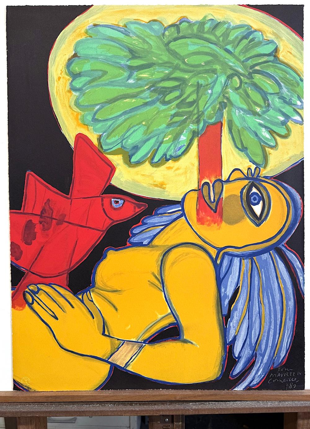 L' ARBRE EXTATIQUE Litografia firmata, Nudo giallo, capelli blu, uccello rosso, albero in vendita 3