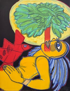 L
ARBRE EXTATIQUE Litografía firmada, Desnudo amarillo, Pelo azul, Pájaro rojo, Árbol