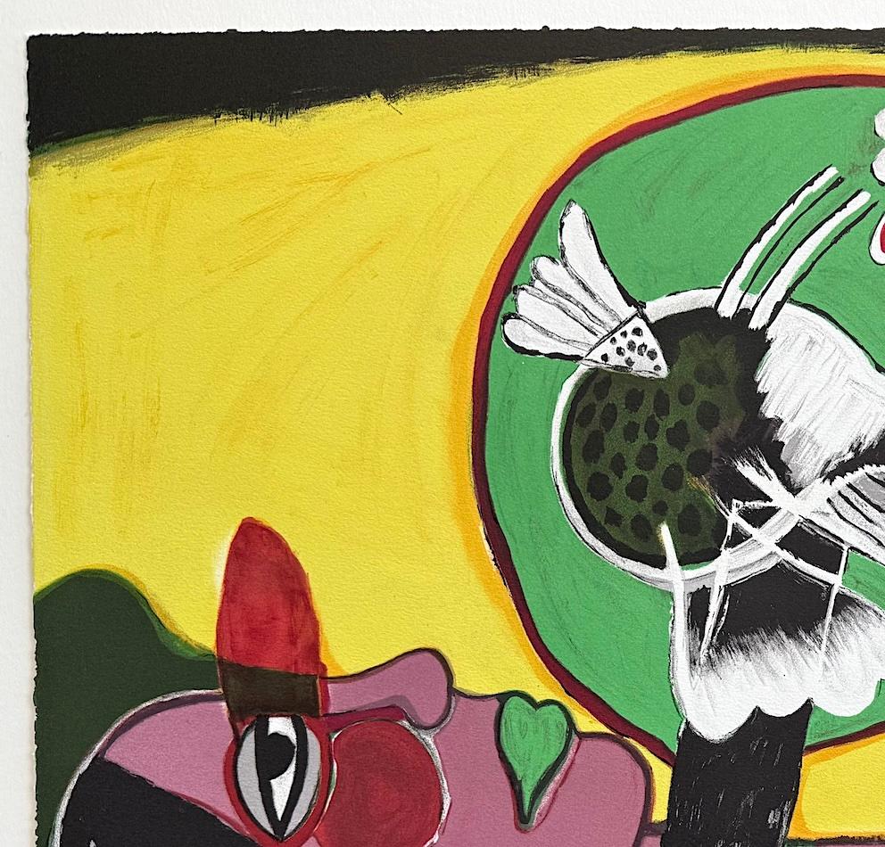 L' Été Éclater Signed Lithograph, Portrait Heads Exotic Bird, Mauve Yellow Green - Print by Corneille