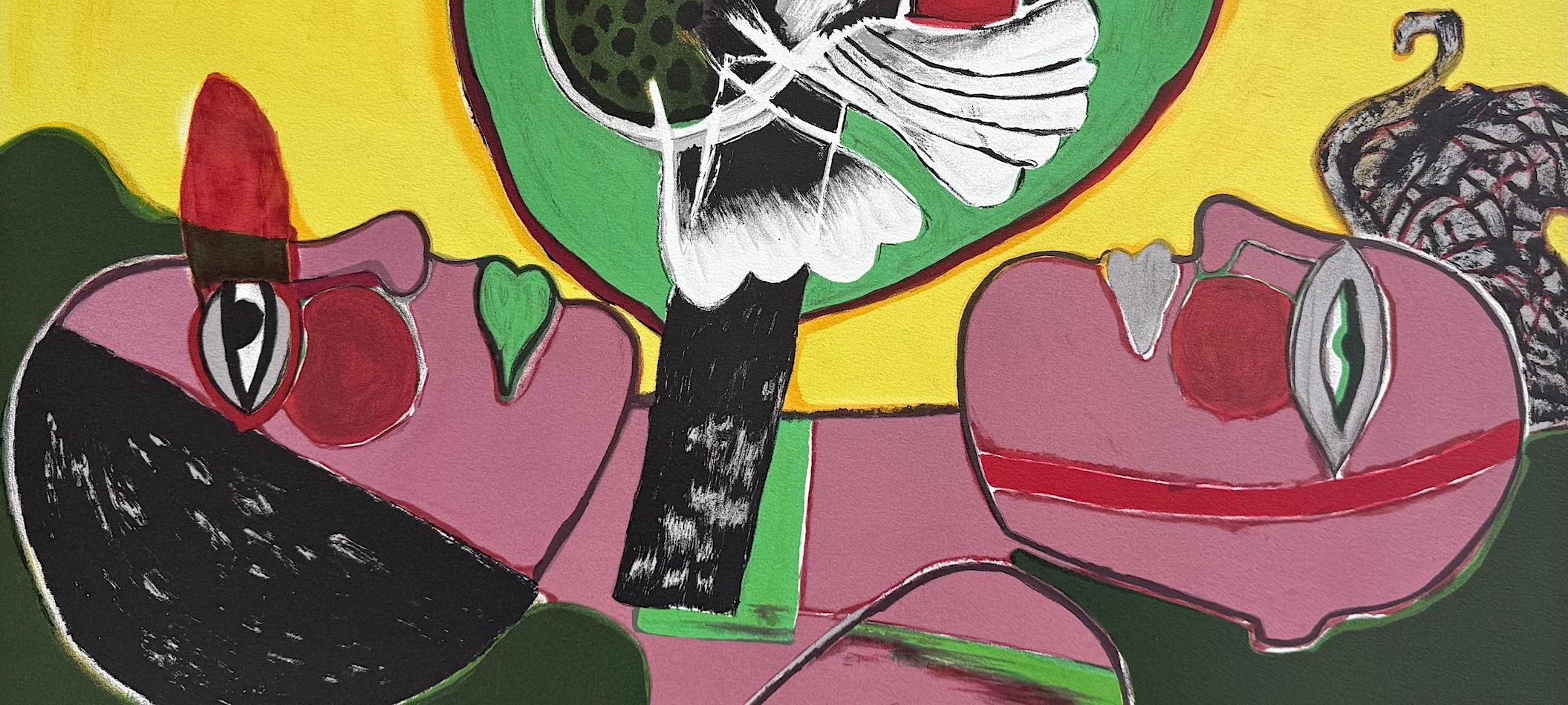 L' Été Éclater Signed Lithograph, Portrait Heads Exotic Bird, Mauve Yellow Green - Expressionist Print by Corneille