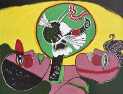 L' Été Éclater Litografía Firmada, Retrato Cabezas Pájaro Exótico, Malva Amarillo Verde