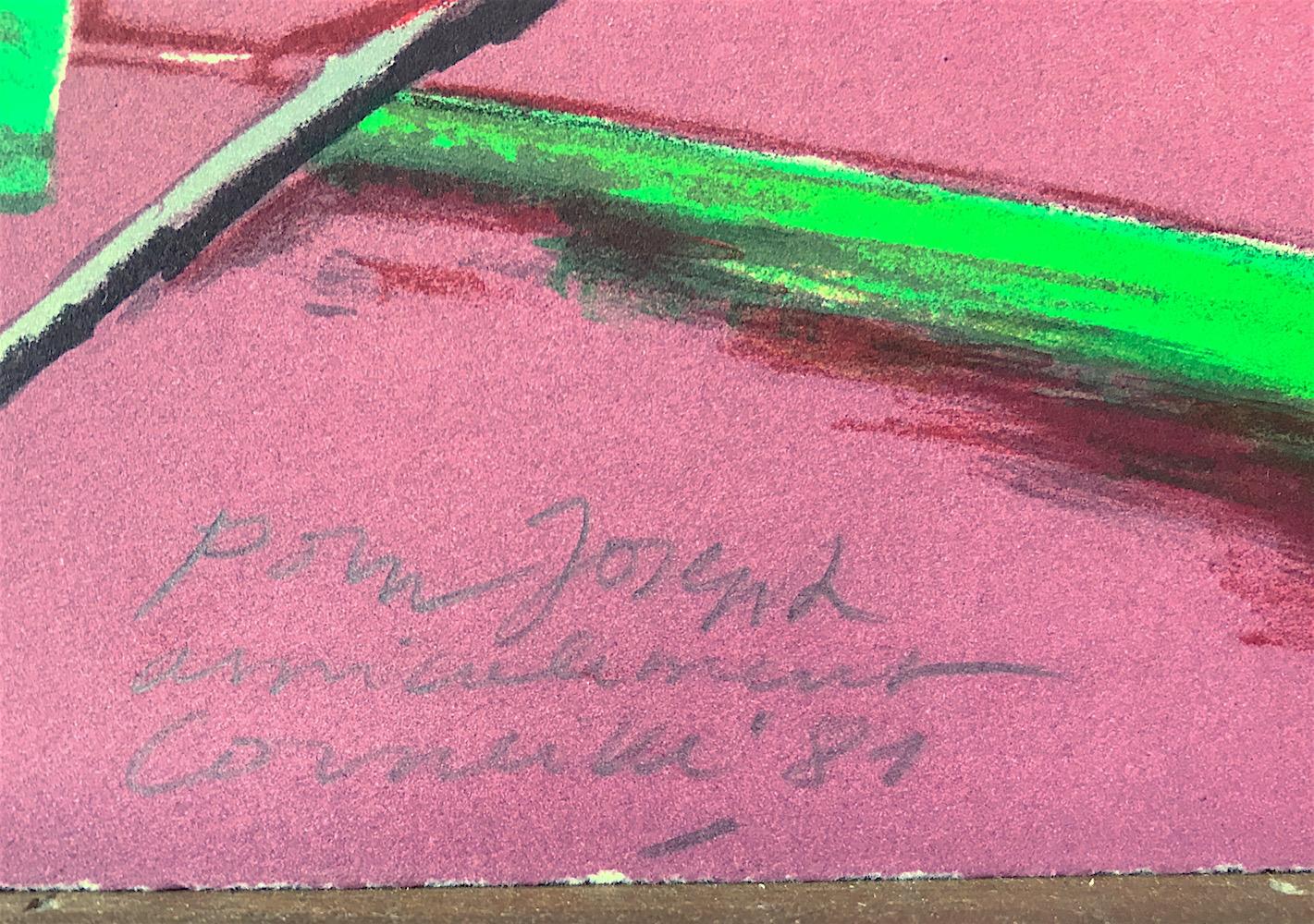 Lithographie signée L' Été Éclater, Portrait Têtes Oiseau Exotique, Mauve Jaune Vert - Expressionniste Print par Corneille