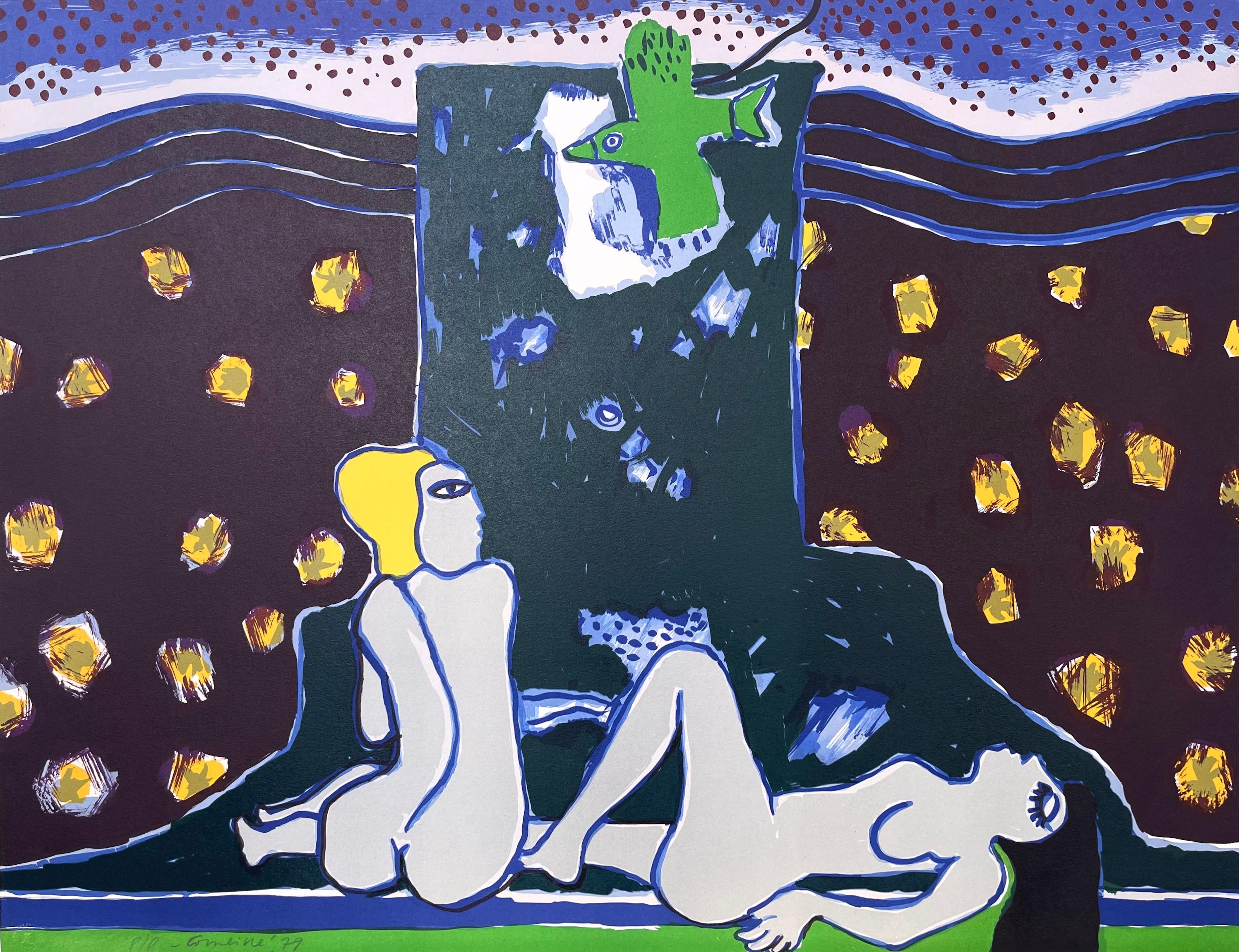 Corneille Landscape Print - LA TOUR, LA NUIT, LE JOUR Signed Lithograph, Female Nudes, Dark Sky, Stars