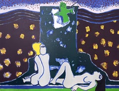 LA TOUR, LA NUIT, LE JOUR Lithographie signée, nus féminins, ciel noir, étoiles