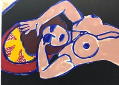 LE TAPIS NOIR Signed Lithograph, Reclining Nude, Damask Wallpaper, Red Armchair