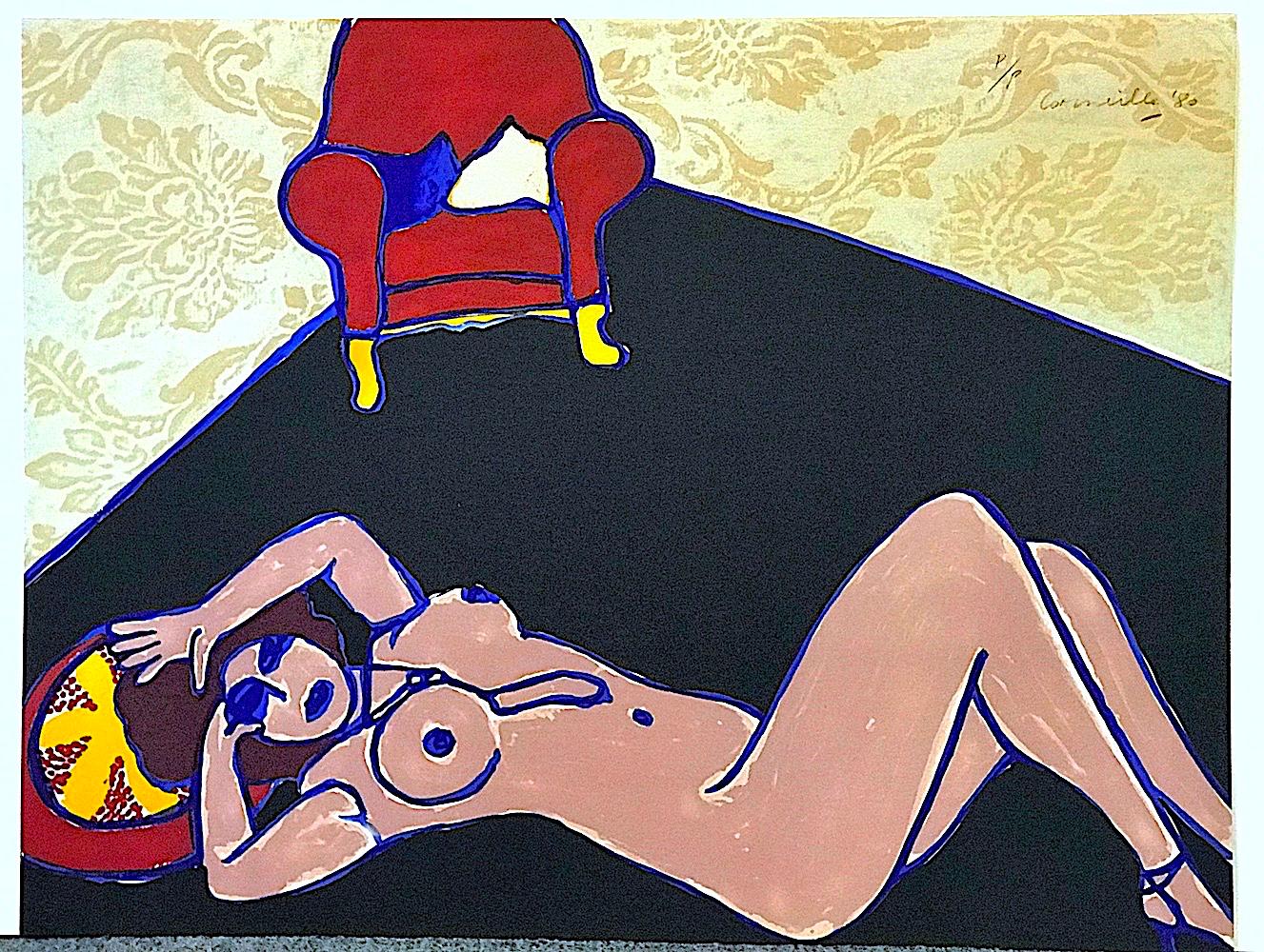 LE TAPIS NOIR Signed Lithograph, Reclining Nude, Damask Wallpaper, Red Armchair - Orange Nude Print by Corneille