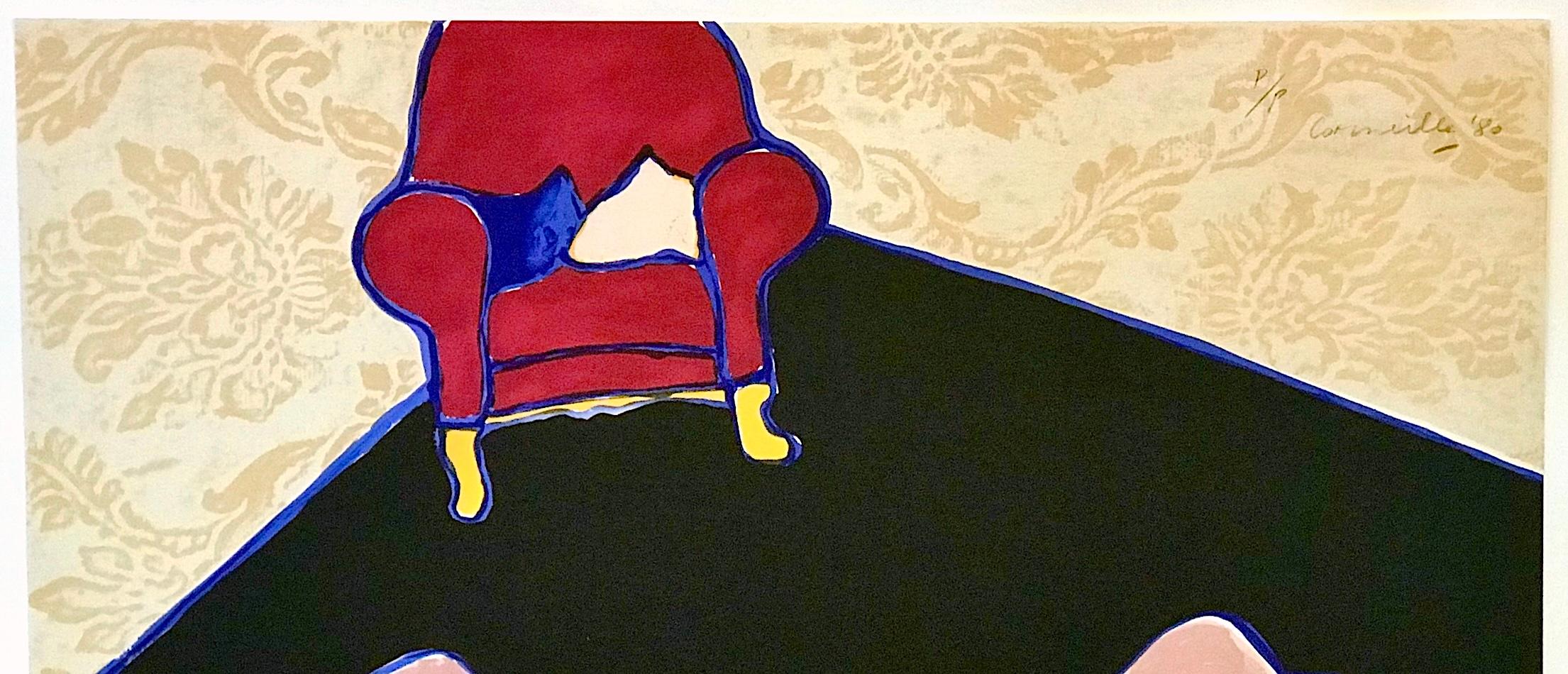 LE TAPIS NOIR Litografía firmada, Desnudo reclinado, Papel pintado de damasco, Sillón rojo en venta 1