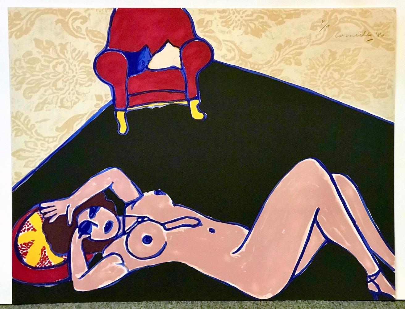 LE TAPIS NOIR Litografía firmada, Desnudo reclinado, Papel pintado de damasco, Sillón rojo en venta 3