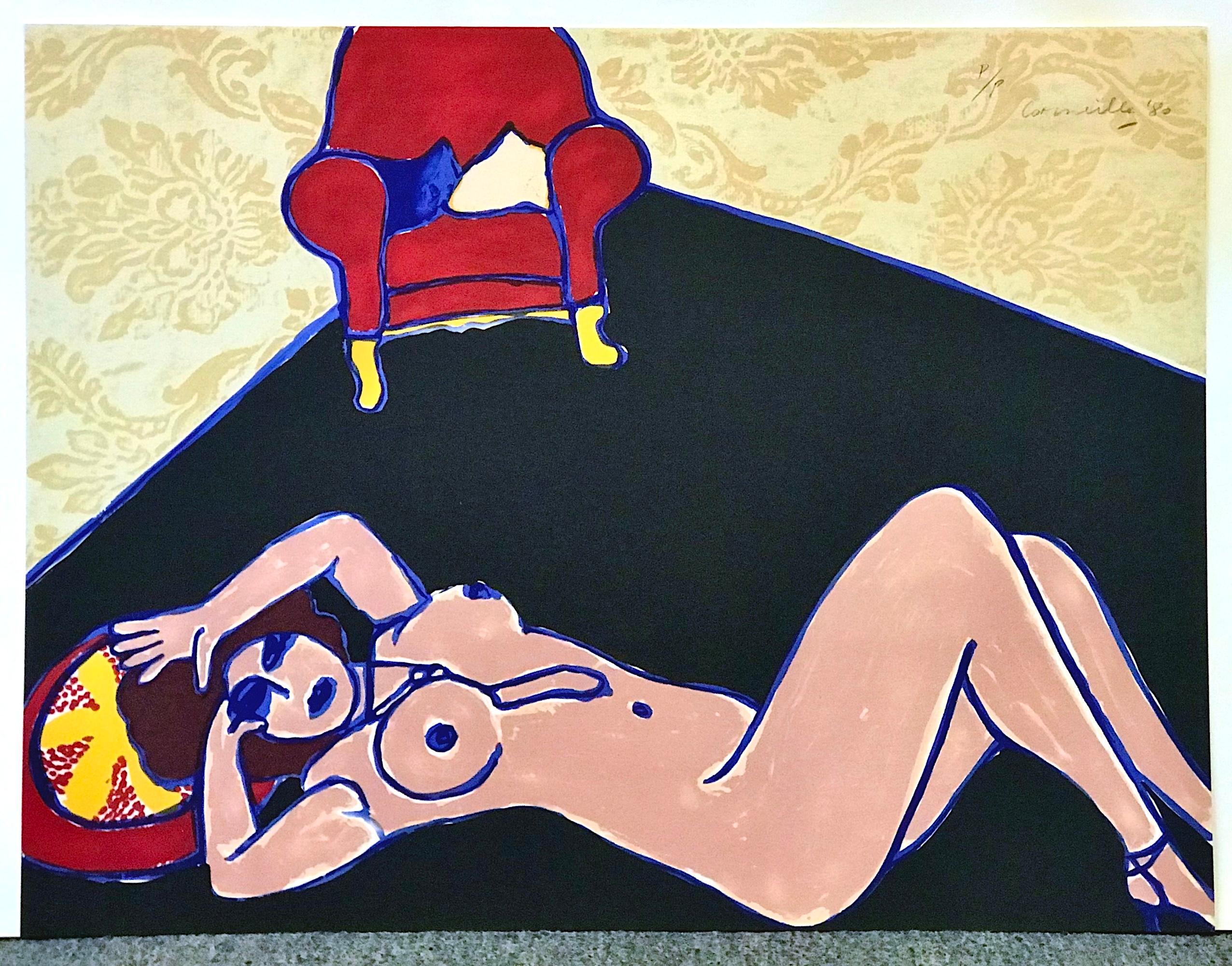 Lithographie signée LE TAPIS NOIR, nu couché, papier damas, fauteuil rouge en vente 3