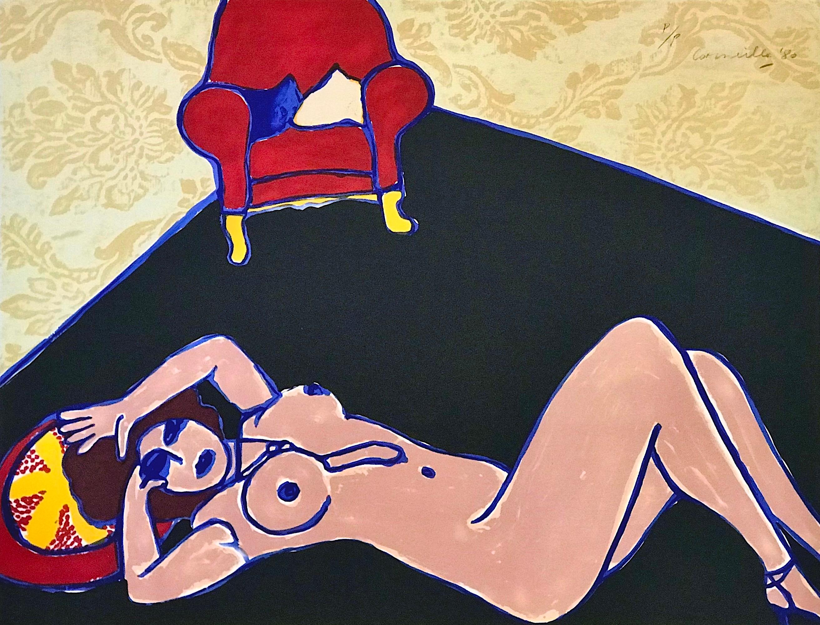 Lithographie signée LE TAPIS NOIR, nu couché, papier damas, fauteuil rouge