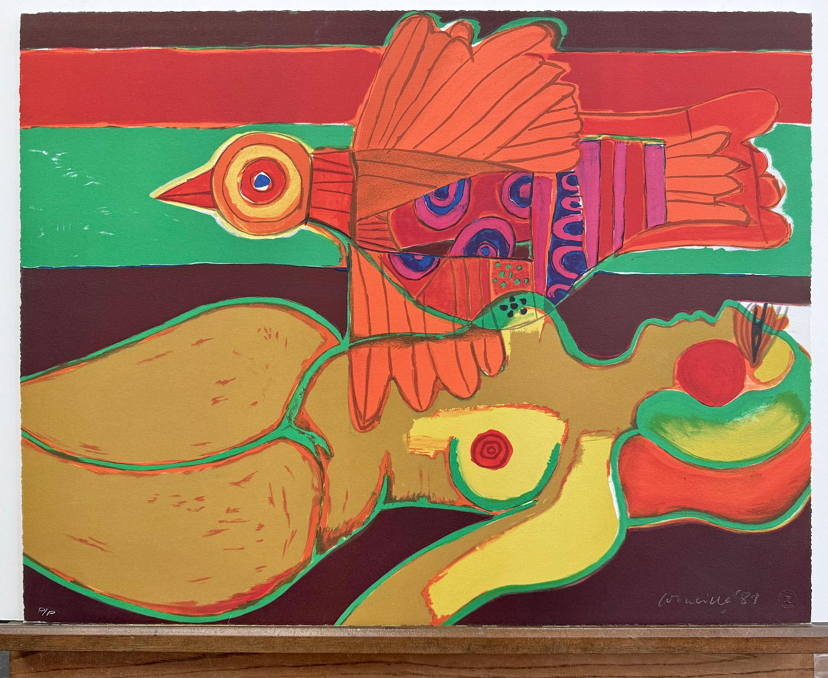 Lithographie signée LE VOYAGE de L'OISEAU, nu couché, oiseau orange exotique en vente 4