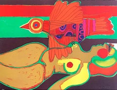 LE VOYAGE de L'OISEAU Signed Lithograph, Reclining Nude, Exotic Orange Bird