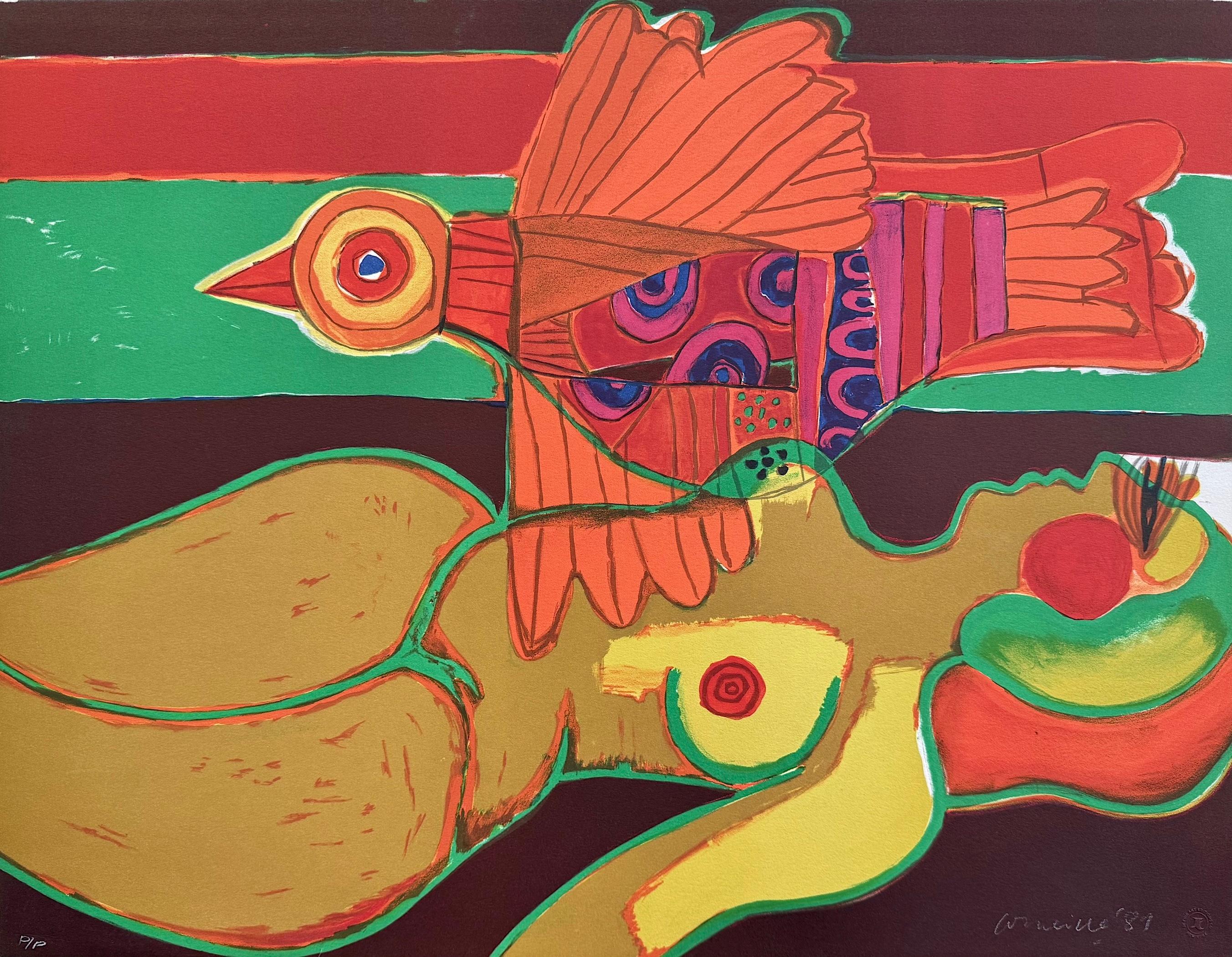 Lithographie signée LE VOYAGE de L
OISEAU, nu couché, oiseau orange exotique