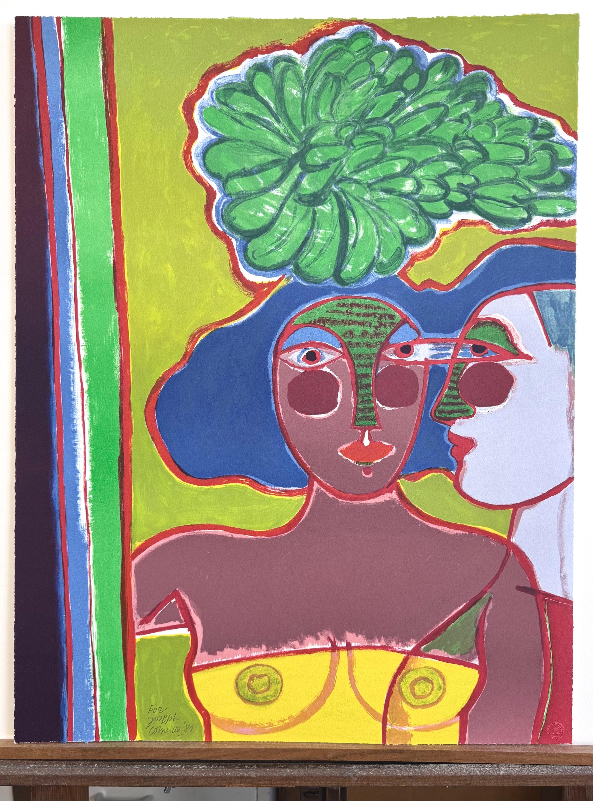 LES DEUX AMIES Signed Lithograph, Two Friends Portrait, Dark Mauve, Periwinkle For Sale 1