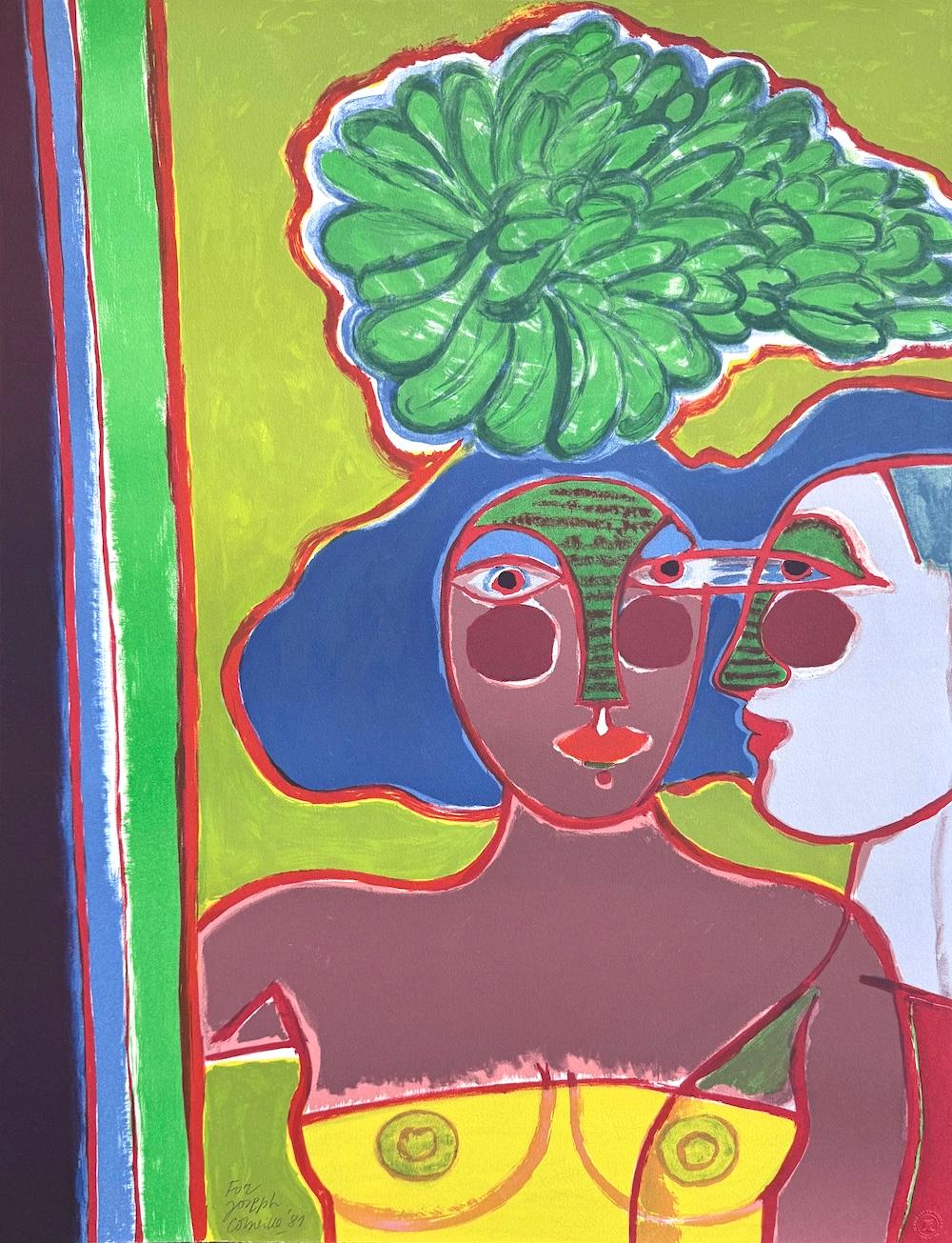 Figurative Print di Corneille - LES DEUX AMIES Litografia firmata, Ritratto di due amiche, Malva scuro, Pervinca