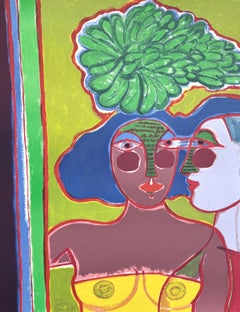 LES DEUX AMIES Signierte Lithographie, Zwei Freundesporträt, Dunkel Mauve, Periwinkle