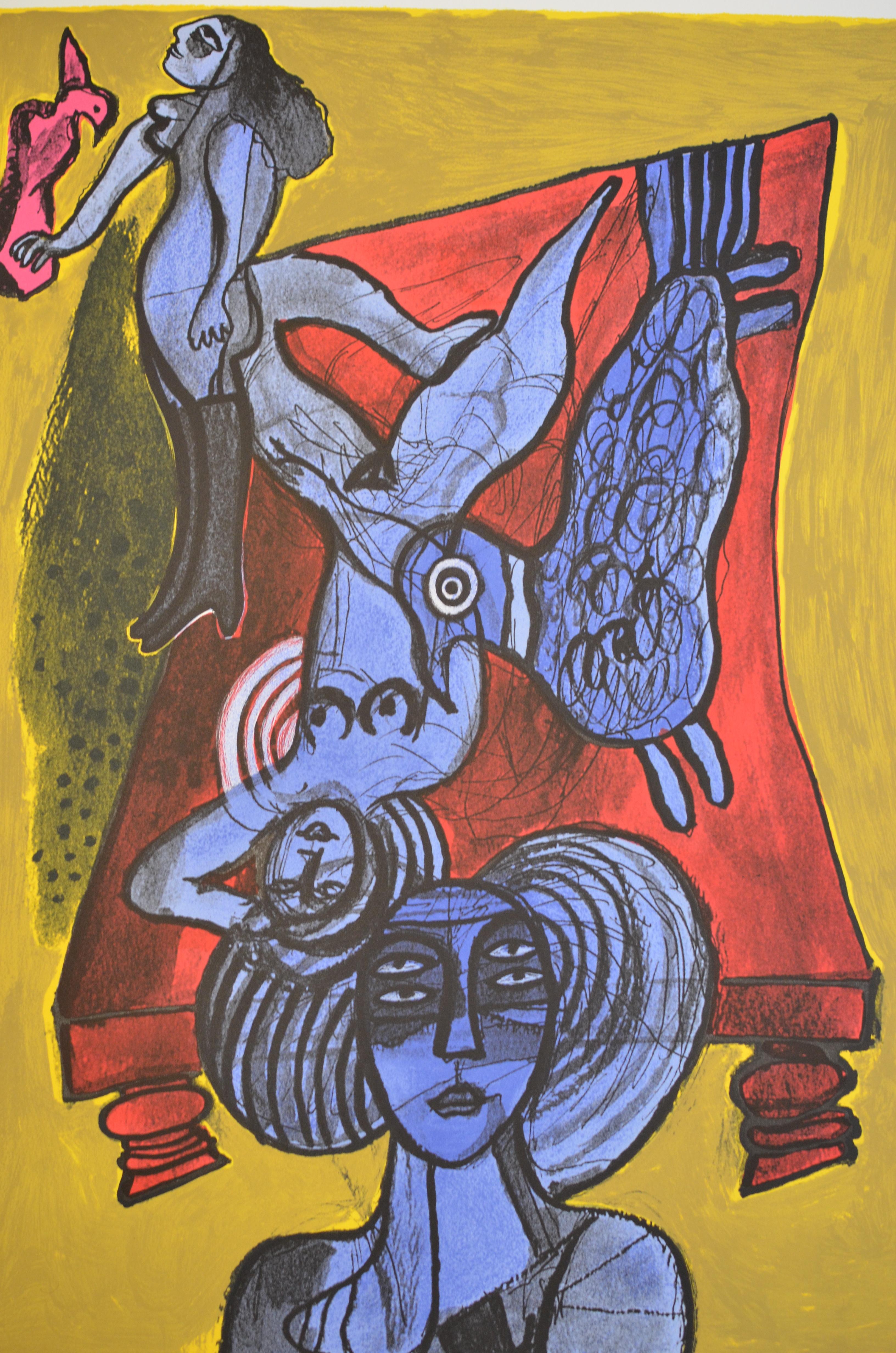 Corneille Abstract Print - Les trois femmes bleues