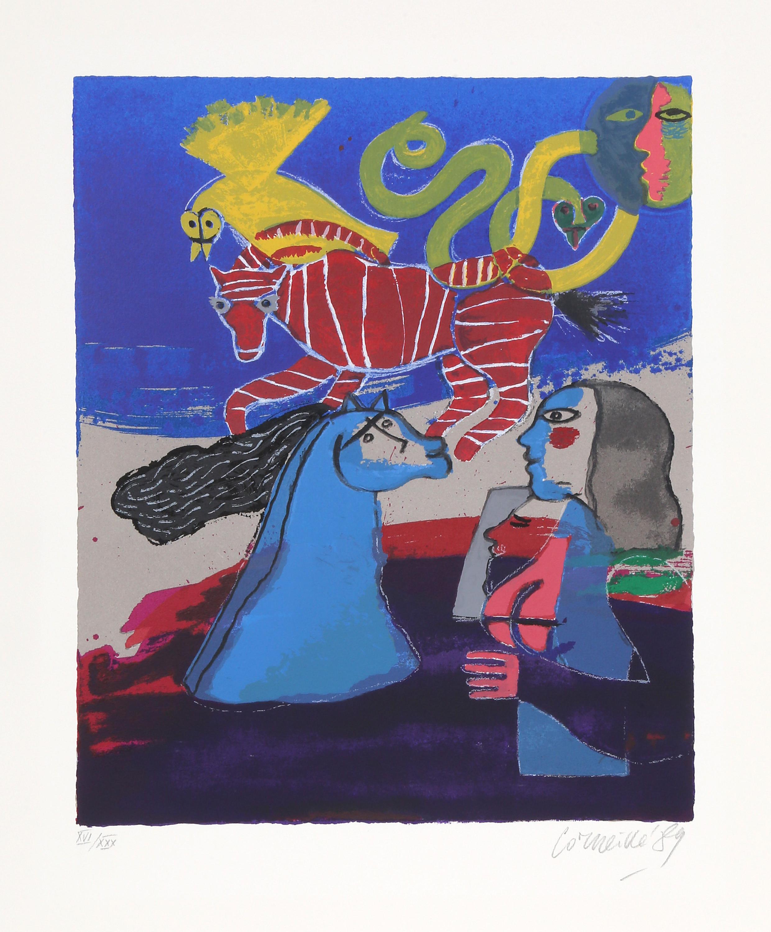 Artist: Corneille, Belgian (1922 - 2010)
Title: Carroll from the Portfolio of Six Reves Peints
Year: 1989
Medium: Lithograph, signed and numbered in pencil 
Edition: XVI/XXX
Image Size: 17 x 14 inches
Size: 30 x 22 inches (76 x 56 cm)