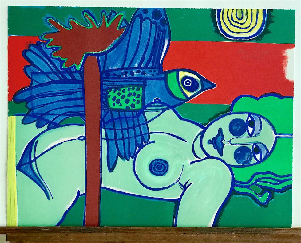 L'Ouverture Sur L'Été, handgezeichnete Lithographie, grüner weiblicher Nude, exotisch-blauer Vogel (Expressionismus), Print, von Corneille