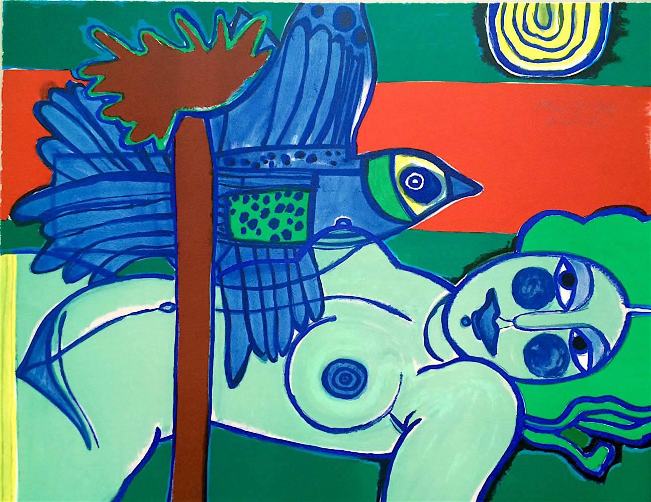 L'Ouverture Sur L'Été, handgezeichnete Lithographie, grüner weiblicher Nude, exotisch-blauer Vogel