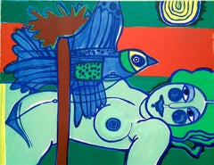 Retro L'Ouverture Sur L'Été, Hand Drawn Lithograph, Green Female Nude Exotic Blue Bird