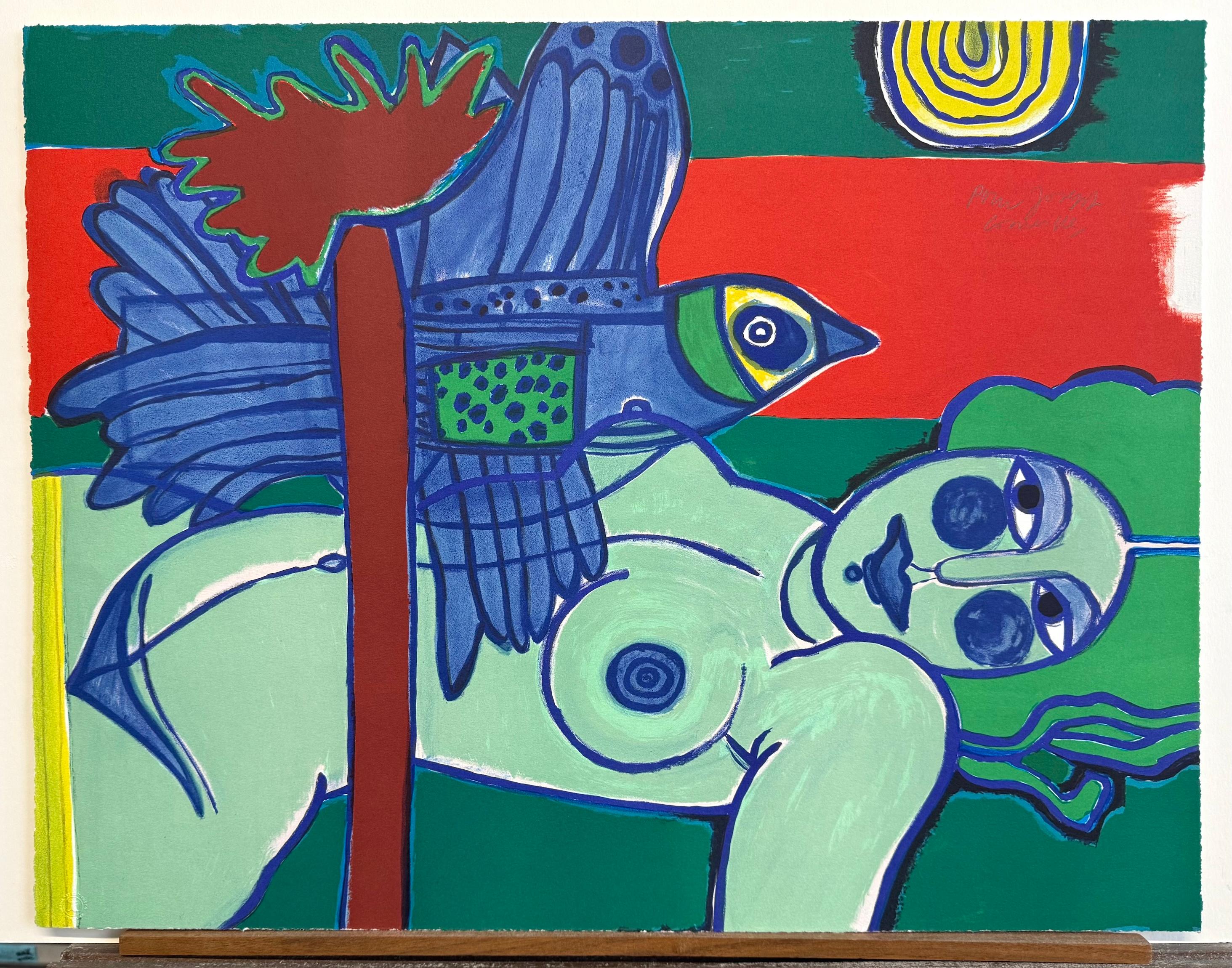 L'Ouverture Sur L'Été, lithographie dessinée à la main, nu couché, oiseau exotique, soleil en vente 1