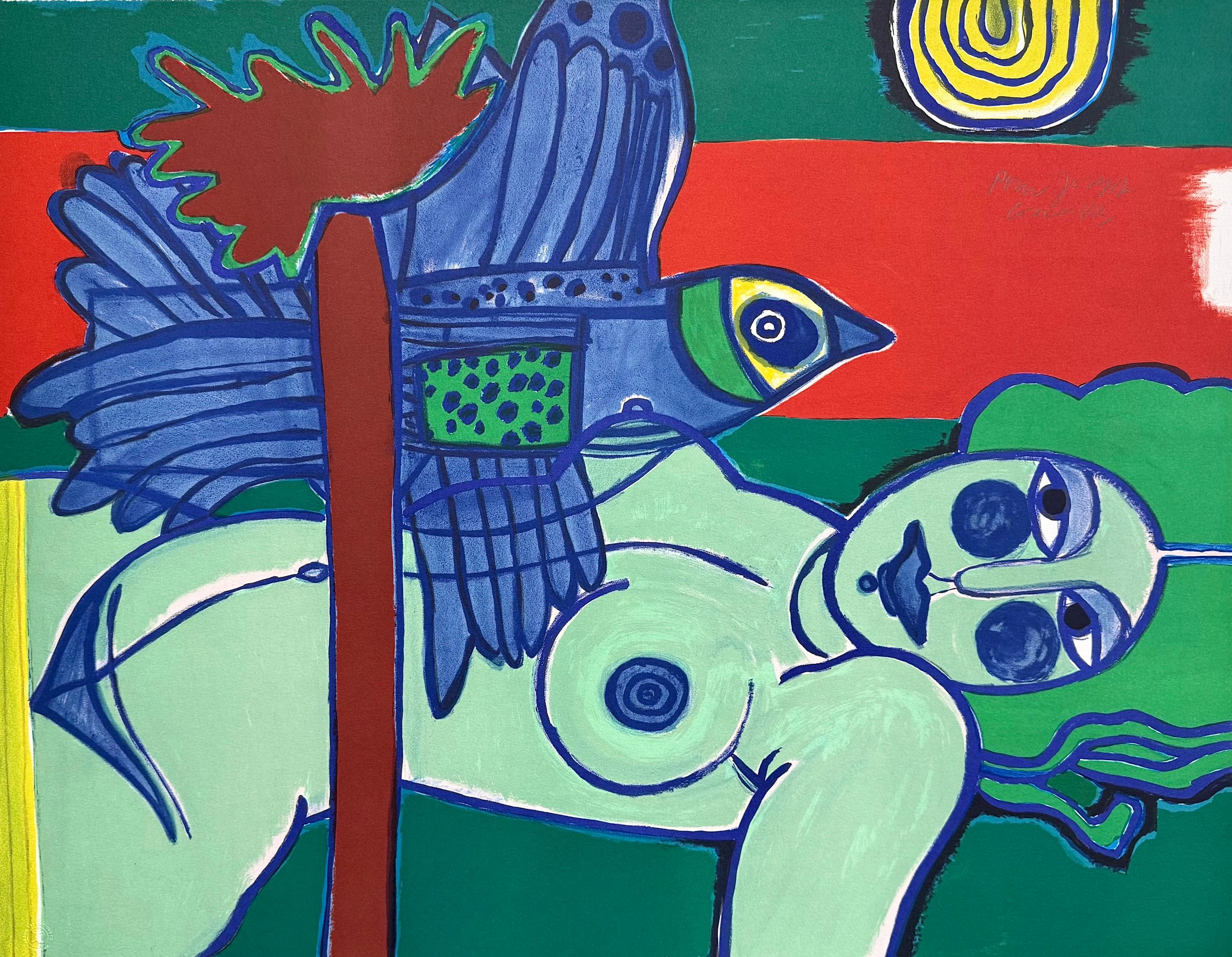 L'Ouverture Sur L'Été, Hand Drawn Lithograph, Reclining Nude, Exotic Bird, Sun