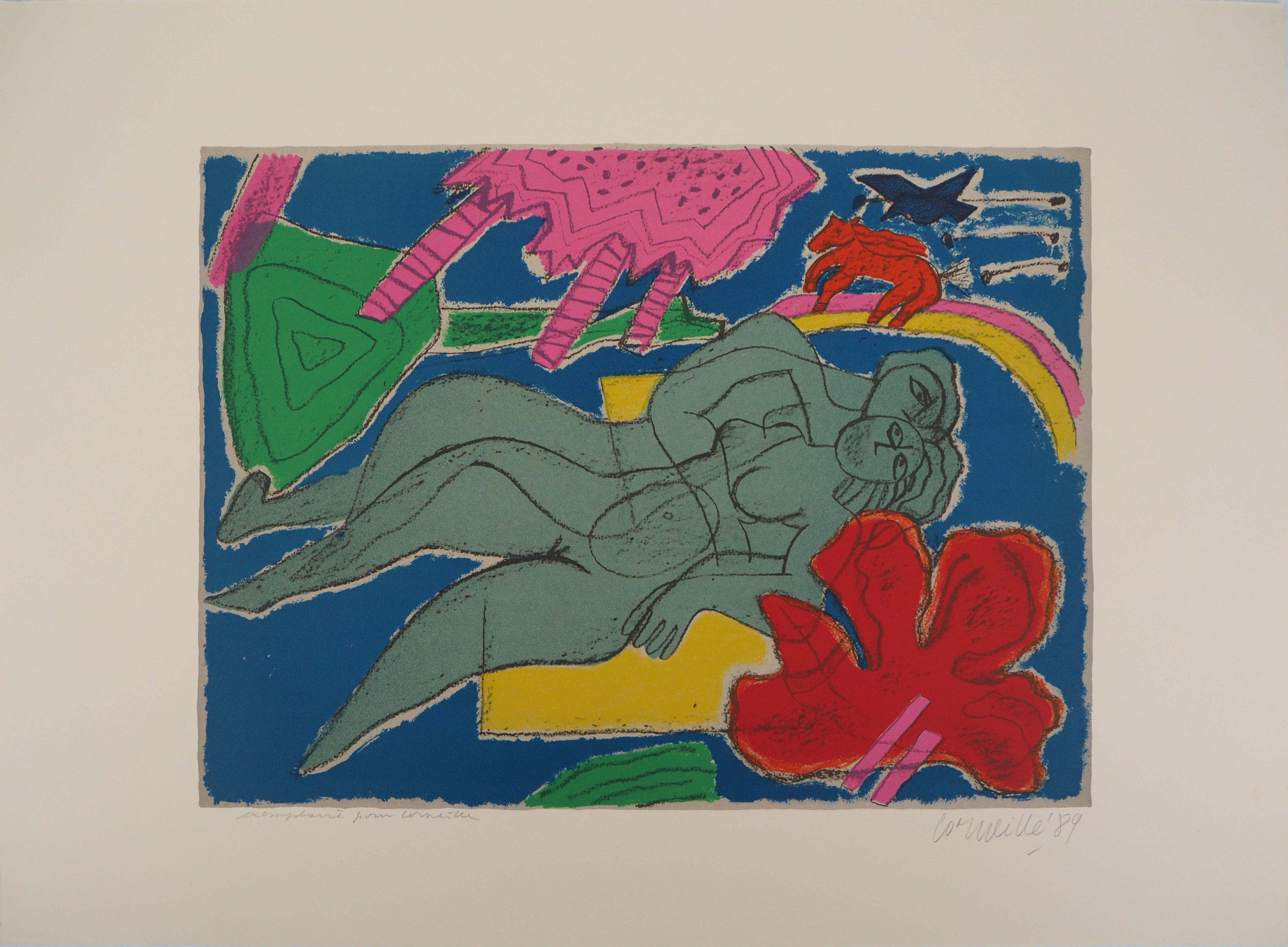 Lovers with Red Horse - Original Handsigned Lithograph - Print by Corneille