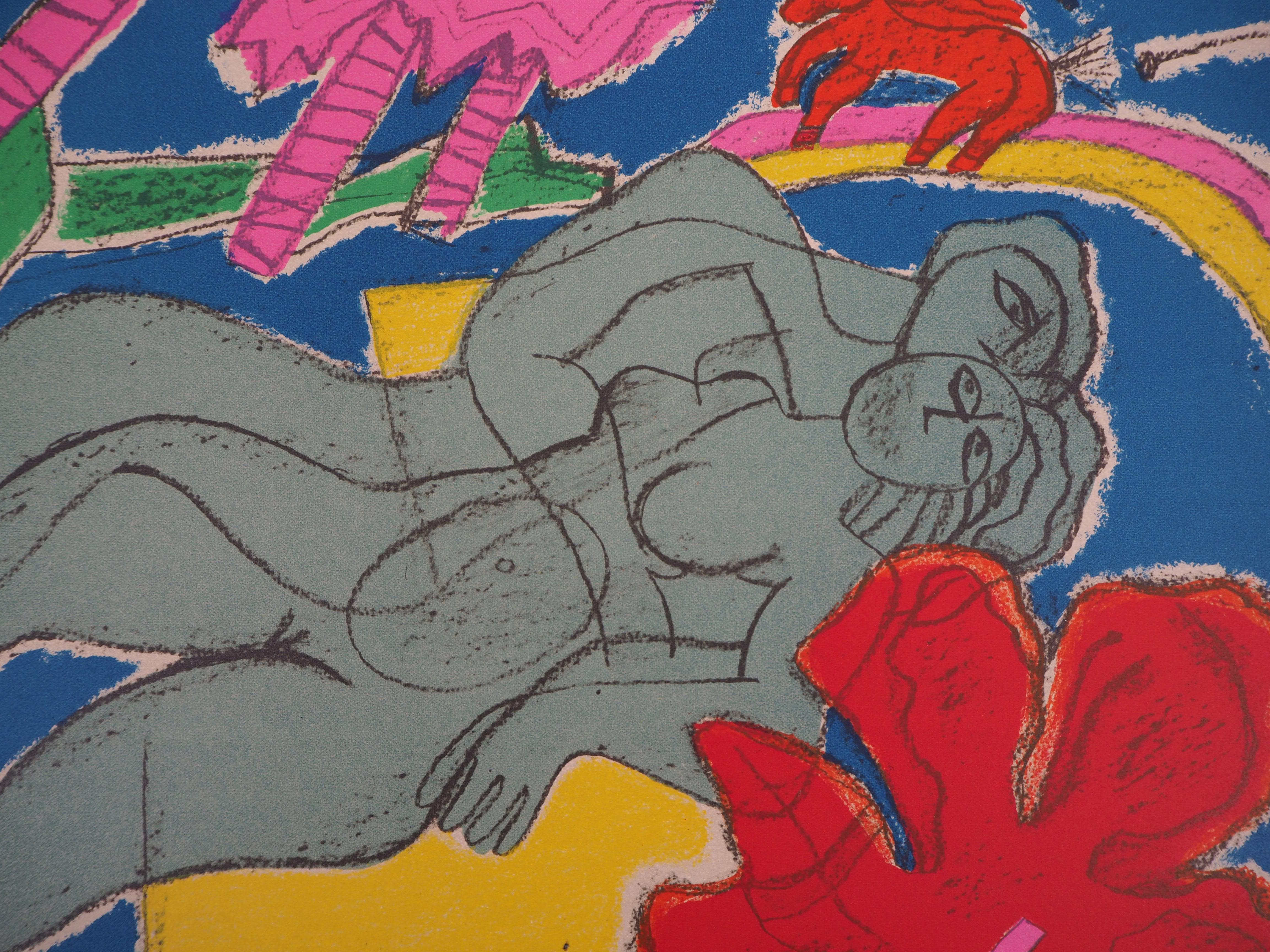Lovers with Red Horse - Original Handsigned Lithograph - Surrealist Print by Corneille