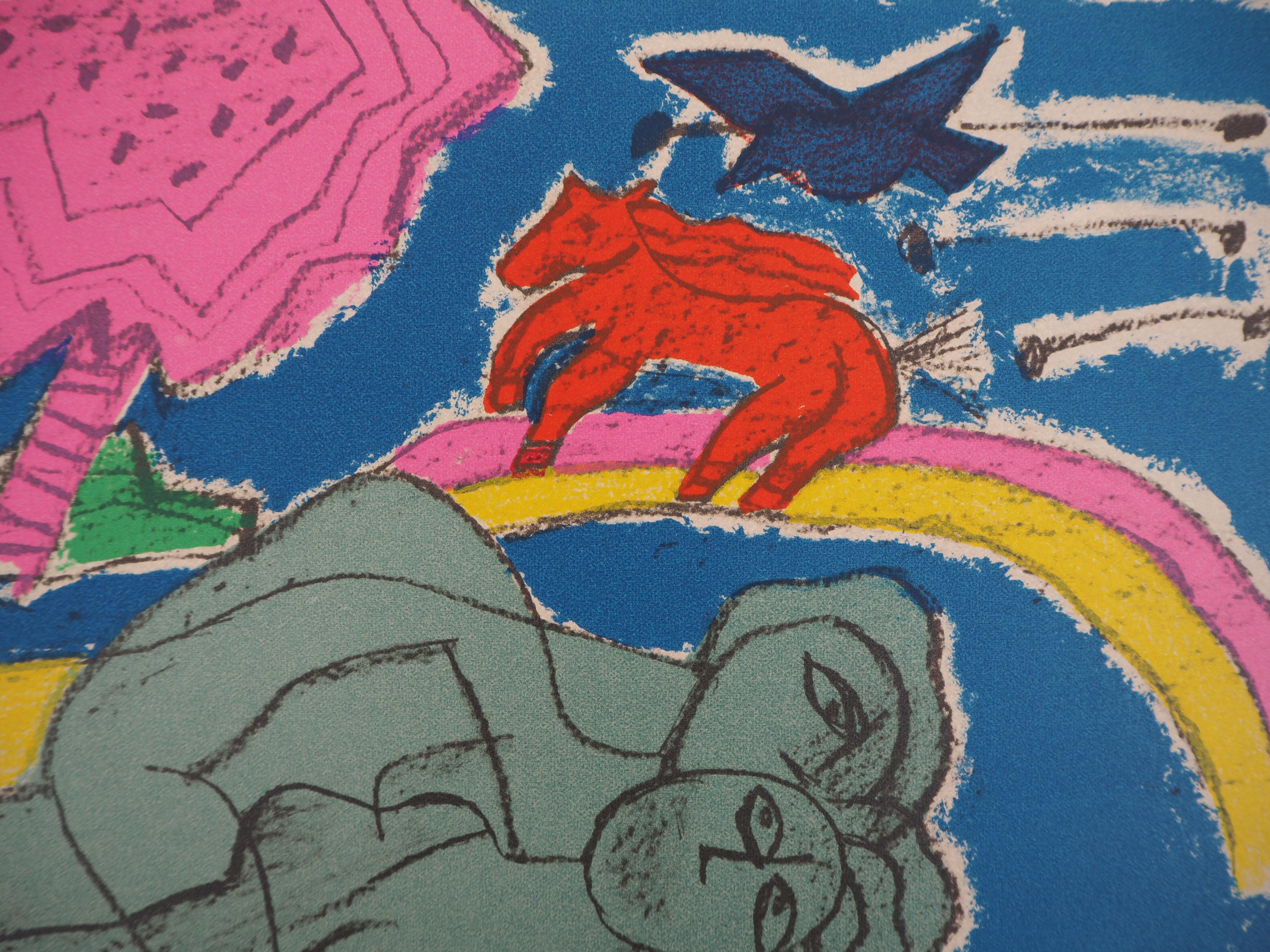 Lovers with Red Horse - Original Handsigned Lithograph - Gray Figurative Print by Corneille
