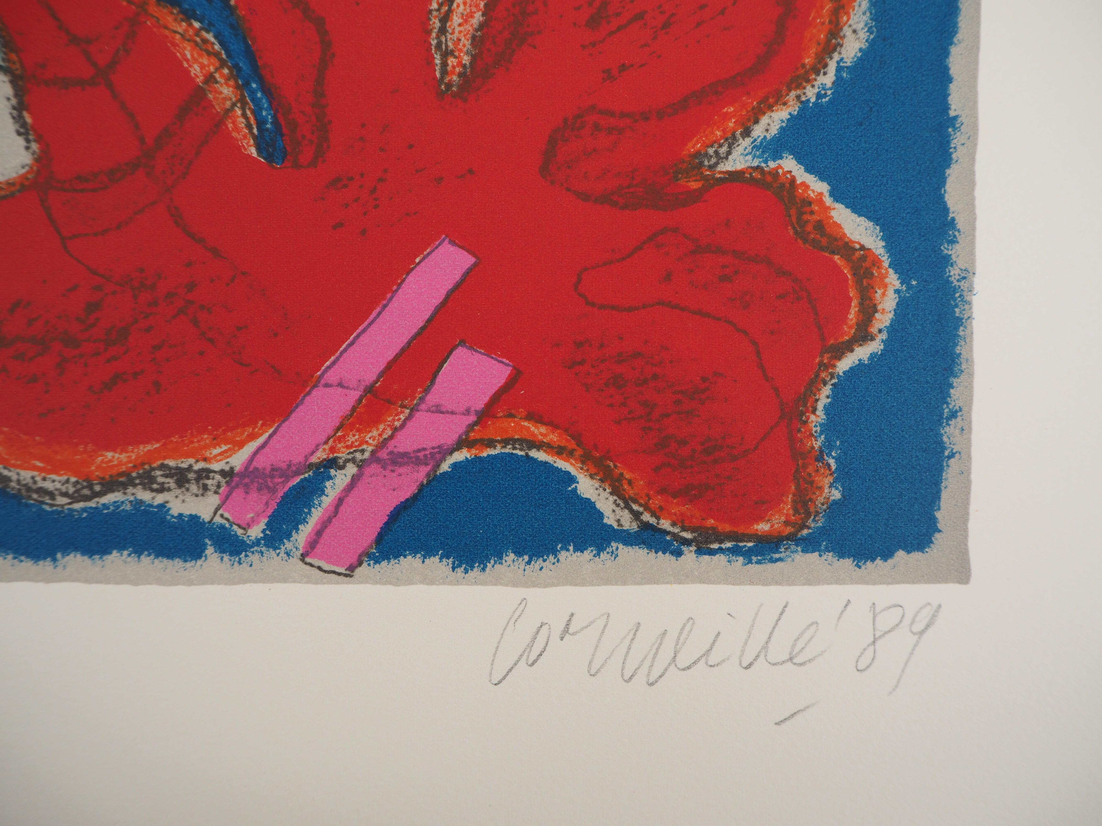 Lovers with Red Horse - Original Handsigned Lithograph For Sale 1