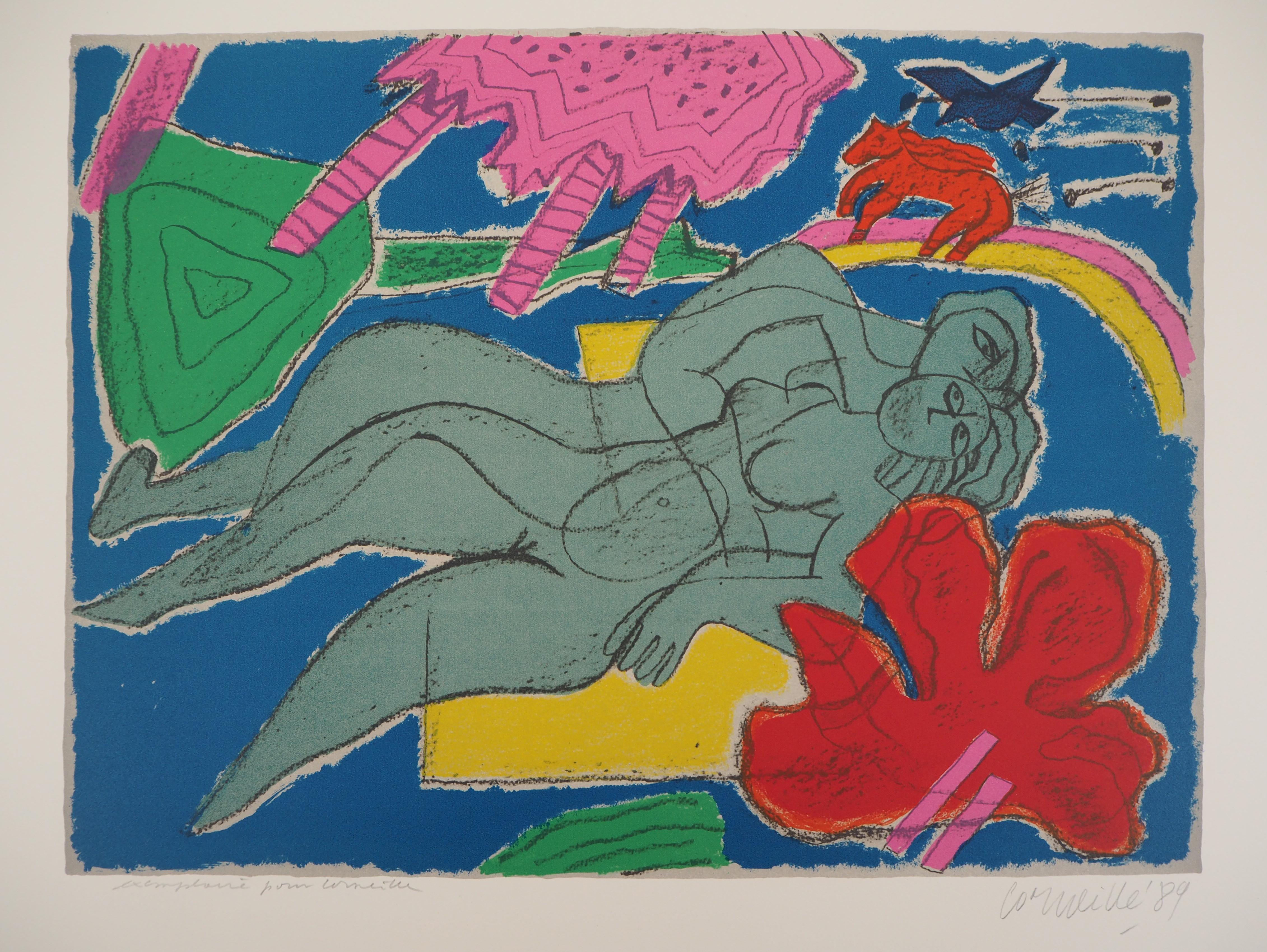 Corneille Figurative Print - Lovers with Red Horse - Original Handsigned Lithograph