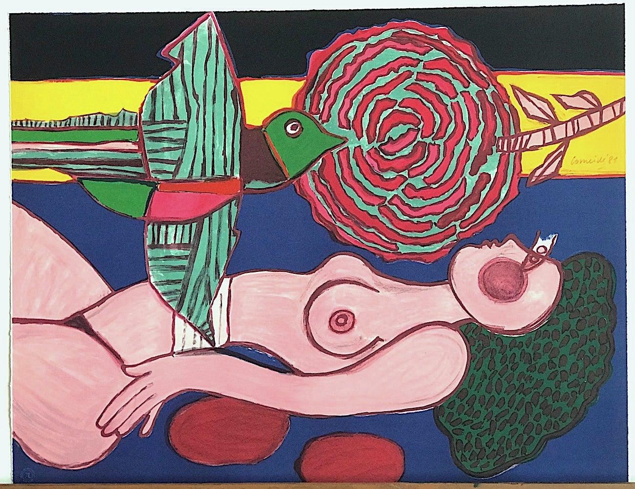 NU À LA ROSE Signed Lithograph, Reclining Nude Woman, Exotic Flying Bird, Flower - Contemporary Print by Corneille