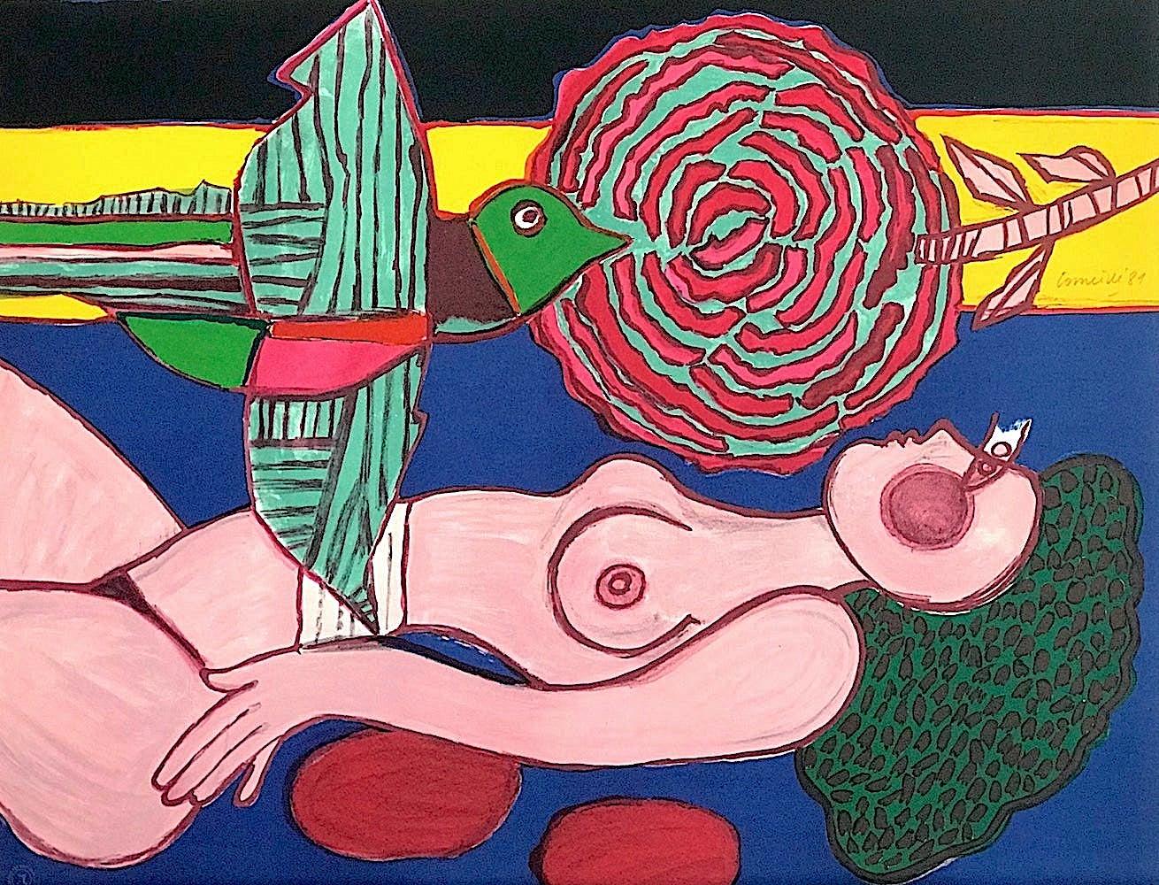 NU À LA ROSE Litografia firmata, Donna nuda reclinata, Uccello volante esotico, Fiore