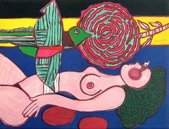 NU À LA ROSE Signed Lithograph, Reclining Nude Woman, Exotic Flying Bird, Flower