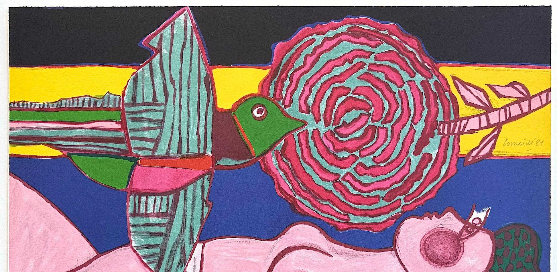 NU À LA ROSE Litografía firmada, Mujer desnuda reclinada, Pájaro volador exótico, Flor en venta 2