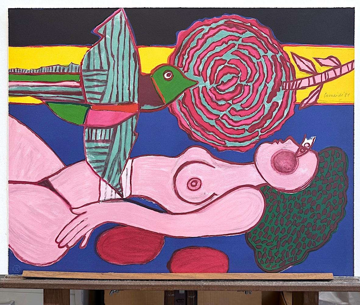 NU À LA ROSE Litografía firmada, Mujer desnuda reclinada, Pájaro volador exótico, Flor en venta 3