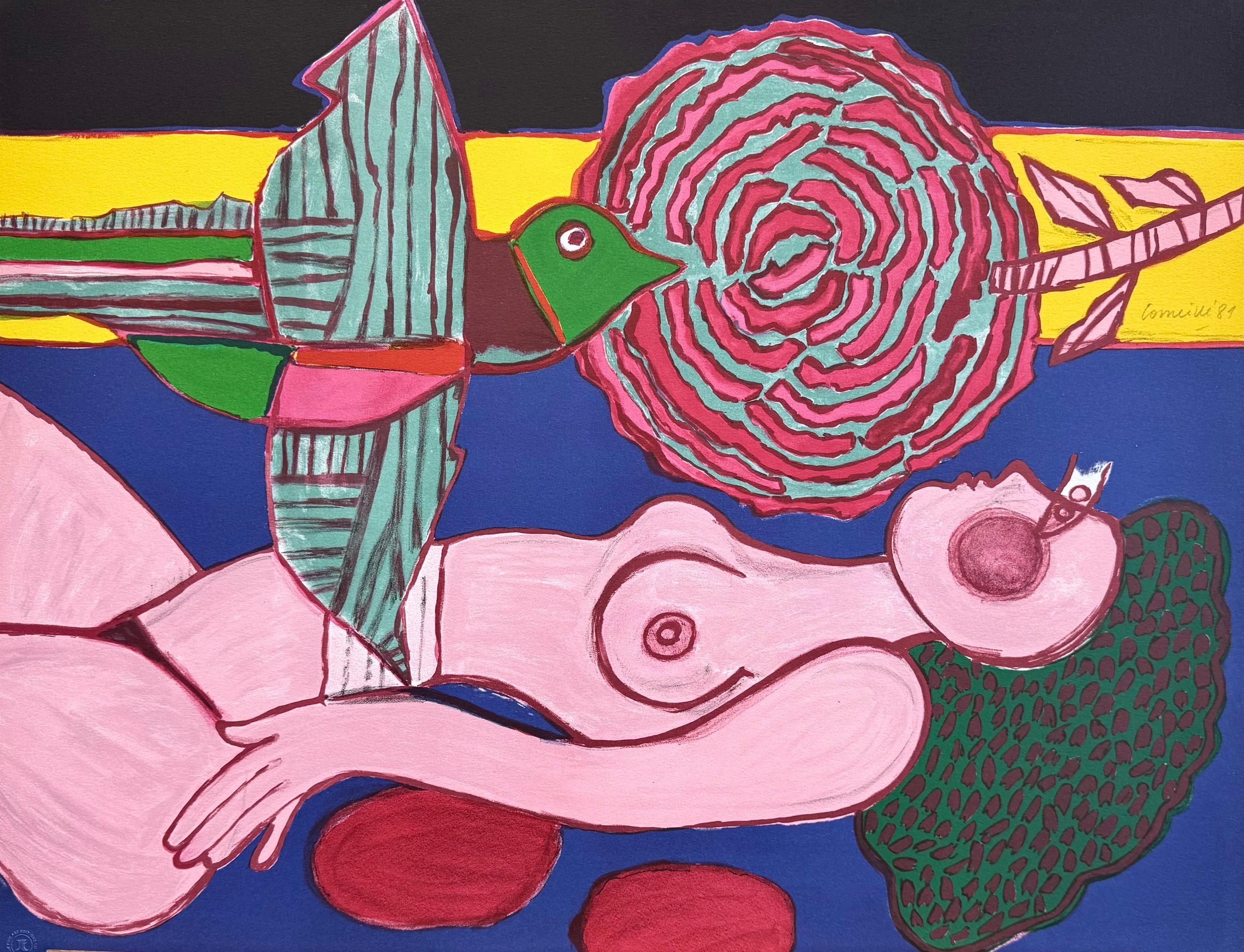 NU À LA ROSE Signierte Lithographie, Liegender Frauenakt, exotischer fliegender Vogel, Blume