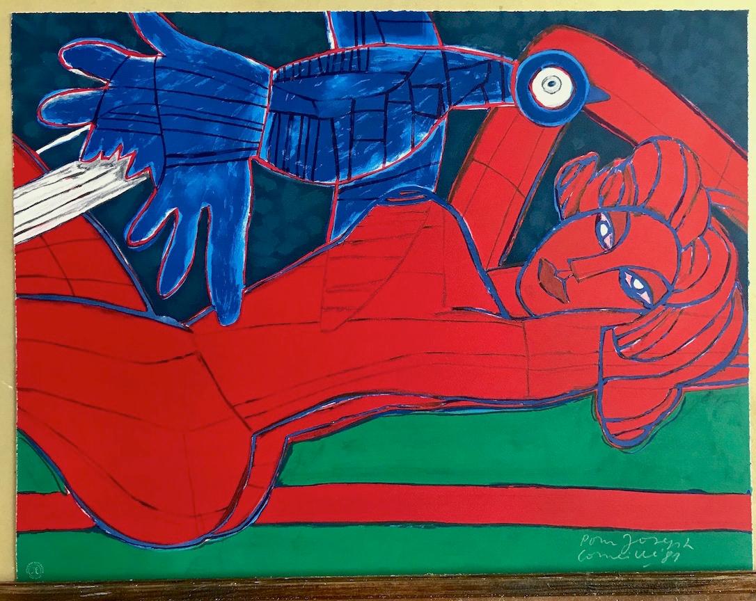 Nu Rouge Á L'Oiseau, Lithographie signée Nu féminin rouge, oiseau bleu exotique, érotique - Bleu Nude Print par Corneille