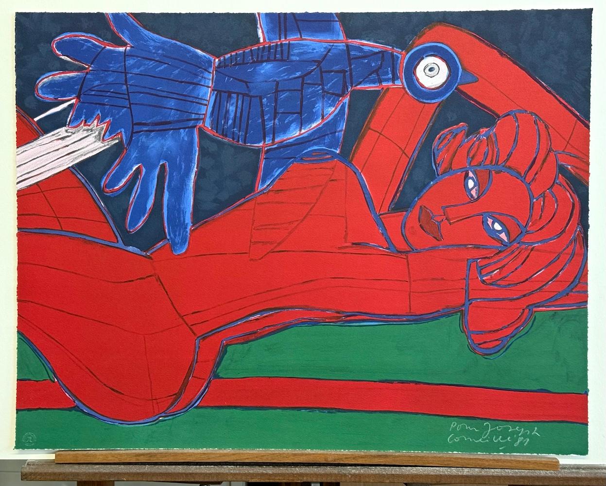 Nu Rouge Á L'Oiseau, Signed Lithograph Red Female Nude, Exotic Blue Bird, Erotic For Sale 2