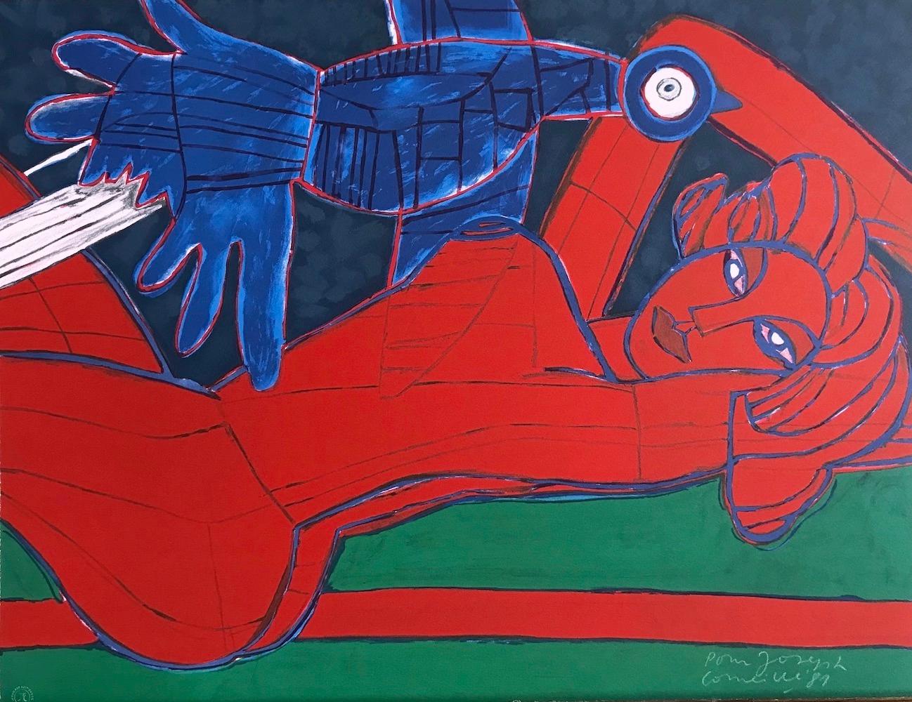 Nude Print Corneille - Nu Rouge Á L'Oiseau, Lithographie signée Nu féminin rouge, oiseau bleu exotique, érotique